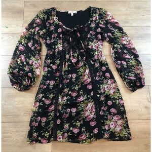 AsUWish Womens Small Floral Dress Black Long Sleeve Smocked Peasant Boho Crochet